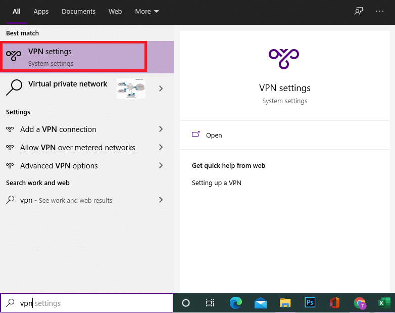 Avvia le impostazioni VPN cercando nella barra di ricerca di Windows. Errore TVAPP 00100 su Xfinity Stream