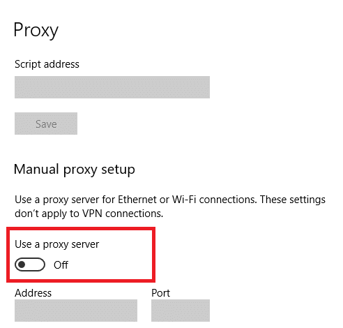 disattivare le impostazioni Utilizzare un server proxy in Configurazione proxy manuale