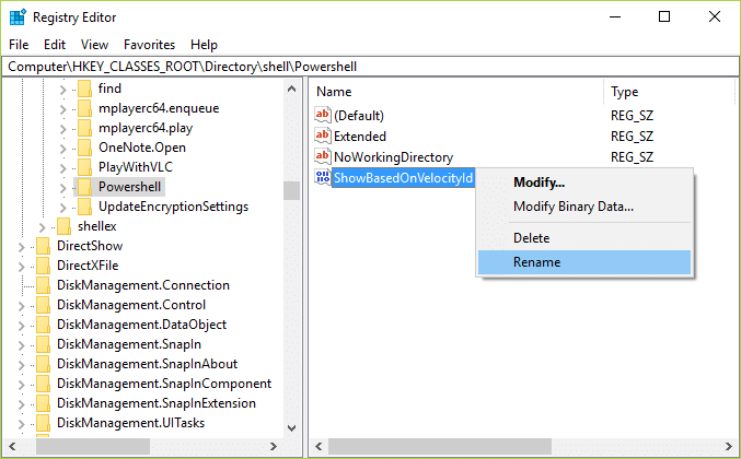 Acum, în dosarul PowerShell, faceți clic dreapta pe ShowBasedOnVelocityId DWORD și selectați Redenumire