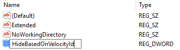 Redenumiți DWORD de mai sus în HideBasedOnVelocityId și apăsați Enter