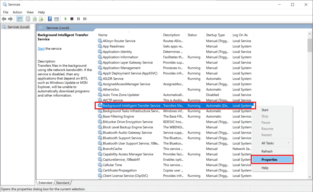 คลิกขวาที่ Background Intelligent Transfer Service และเลือก Properties
