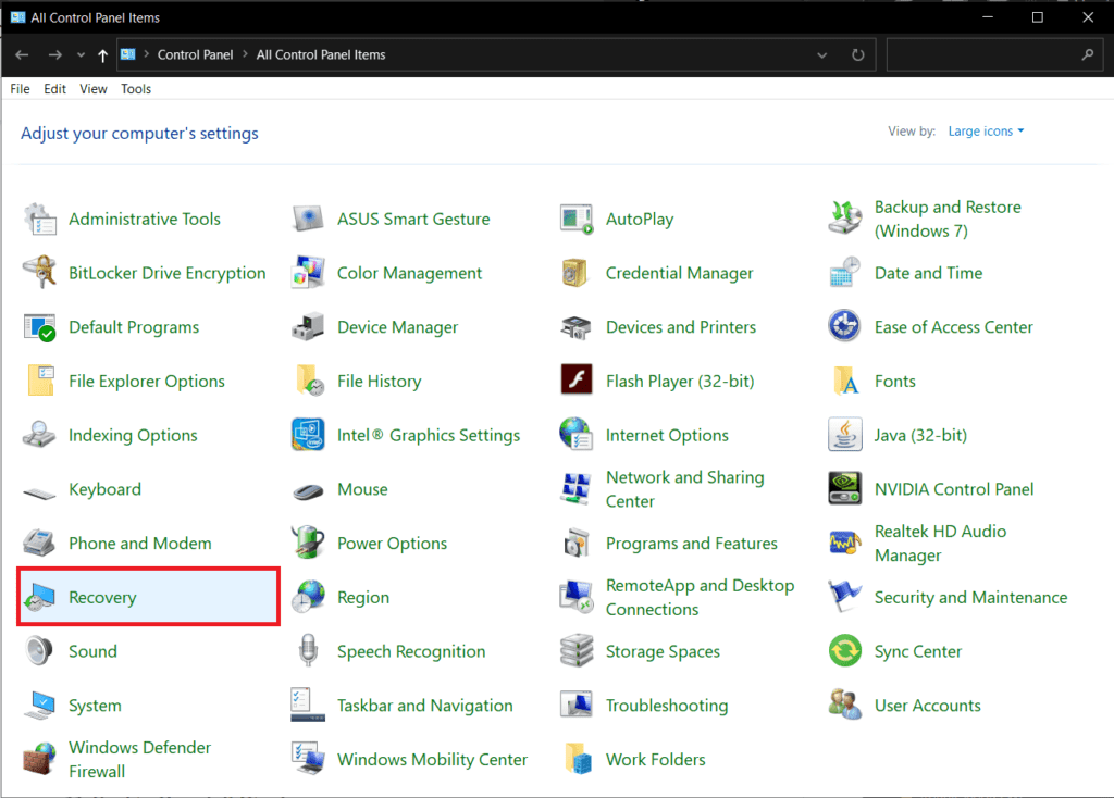 เรียกใช้แผงควบคุมและเลือกการกู้คืน