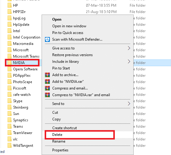 คลิกขวาที่โฟลเดอร์ NVIDIA และลบ