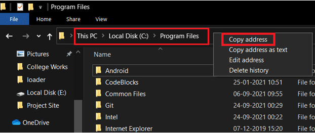 Fare clic con il tasto destro sulla barra degli indirizzi e quindi selezionare copia indirizzo per copiare il percorso