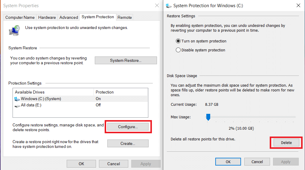 Fare clic su Configura... nella finestra Proprietà del sistema, quindi fare clic su Elimina nella finestra Impostazioni di protezione del sistema