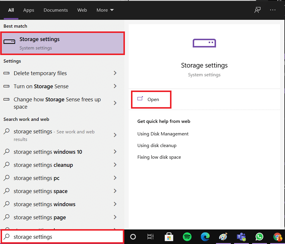 In una barra di ricerca, digita Impostazioni di archiviazione e fai clic su Apri. Vinci i file di installazione
