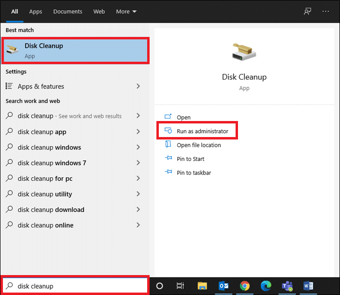 In una barra di ricerca, digita Pulizia disco e fai clic su Esegui come amministratore. Come eliminare i file di installazione di Win in Windows 10