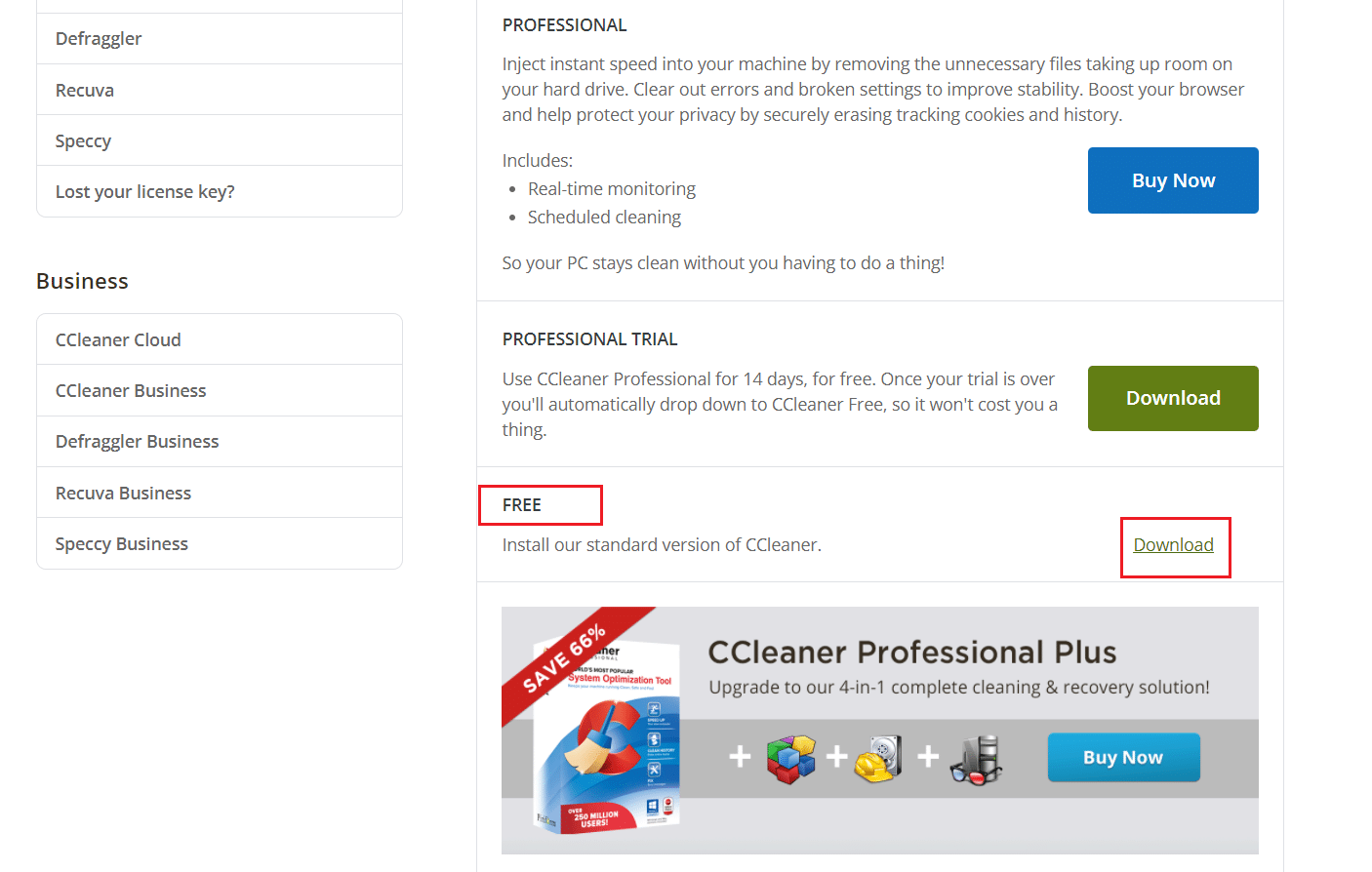 scorri verso il basso per trovare l'opzione gratuita e fai clic su Download per scaricare CCleaner