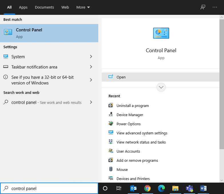 พิมพ์ Control Panel ในช่องค้นหาของ Windows 10 แล้วเลือกอันที่ตรงที่สุด