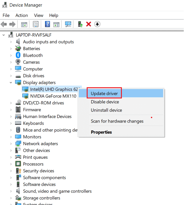 ตอนนี้ คลิกขวาที่ไดรเวอร์แล้วคลิก อัปเดตไดรเวอร์ แก้ไขปัญหา Overwatch FPS Drops บน Windows 10