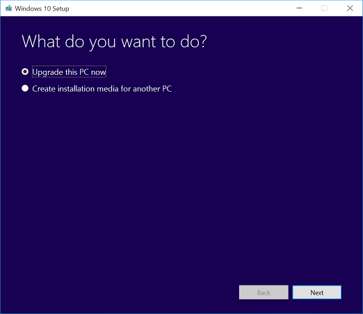 Démarrez l'outil et choisissez de mettre à niveau ce PC maintenant.
