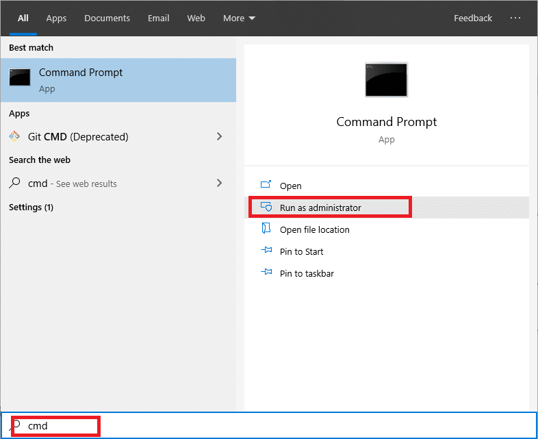 Windowsキー+ Sを押して管理者特権コマンドプロンプトを開き、cmdと入力して、管理者として実行を選択します。
