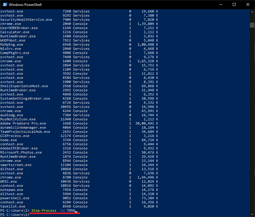 PIDを使用してプロセスを終了するには、構文Stop-Process -IdprocessIDを使用します。