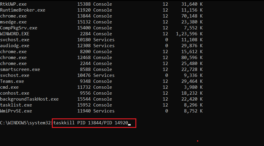 コマンドプロンプトまたはcmdでPID番号を使用して複数のプロセスを強制終了するtaskkillコマンド