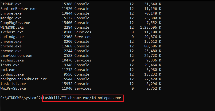 コマンドプロンプトまたはcmdで画像名を使用して複数のプロセスを強制終了するtaskkillコマンド