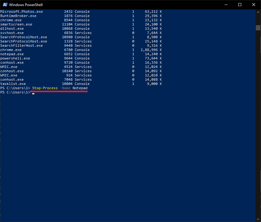 その名前を使用してプロセスを終了するには、Stop-Process -NameApplicationNameを実行します。プロセスを強制終了する方法