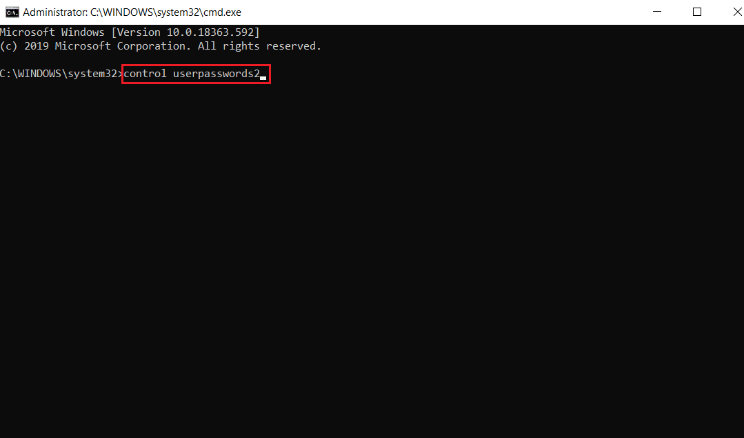 コマンドプロンプトで、control userpasswords2と入力し、Enterキーを押します
