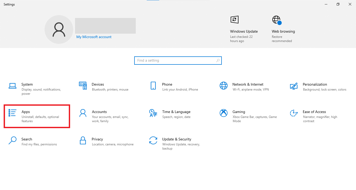 設定ウィンドウのアプリ
