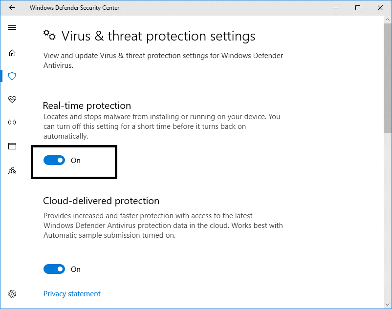 リアルタイム保護をオフにして、WindowsDefenderを無効にします