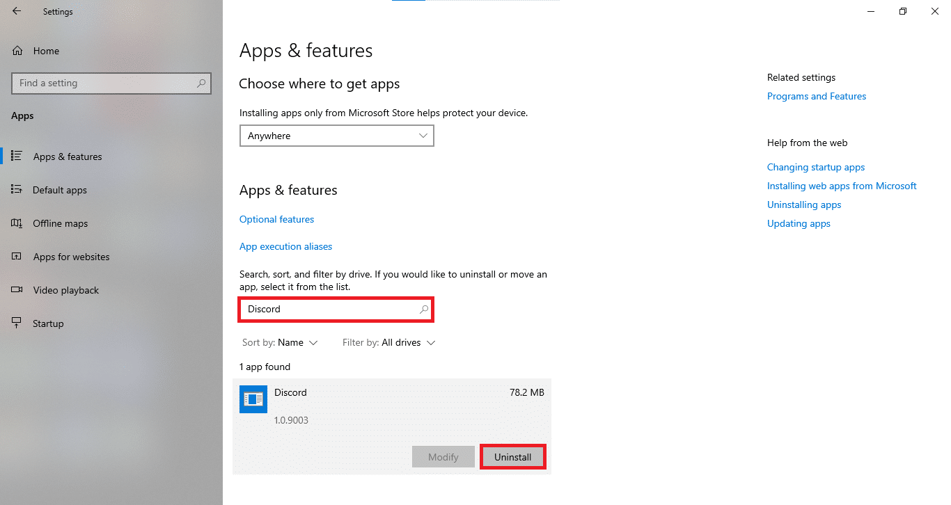 アプリと機能で不和を検索する| WindowsでDiscordを更新する方法