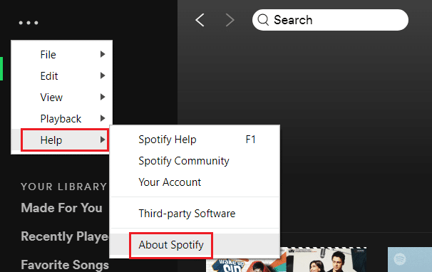 ヘルプに移動し、spotifyアプリでspotifyについて選択します|