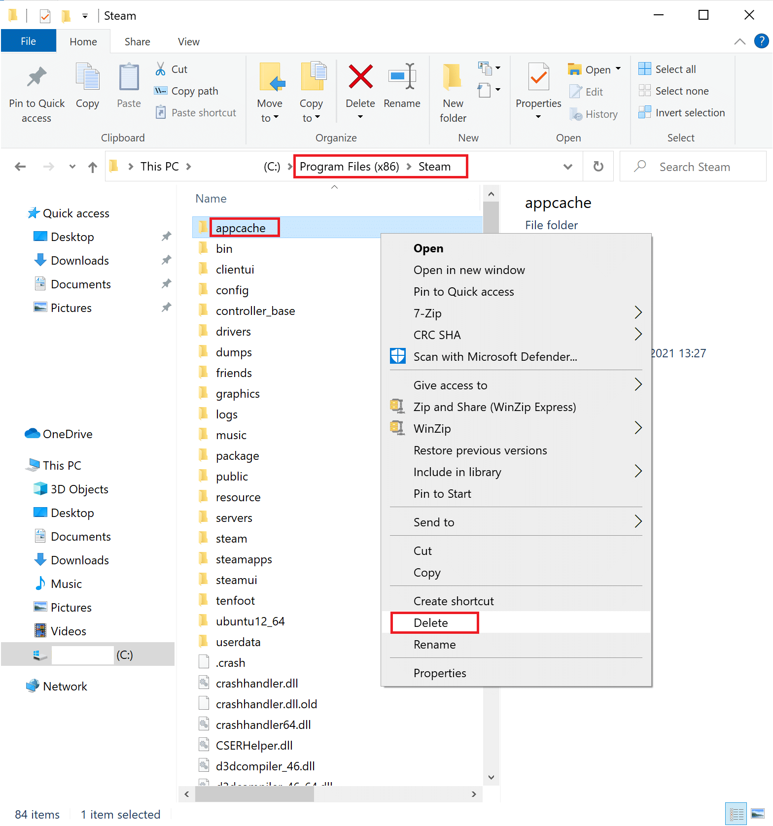 AppCacheフォルダーを見つけます。それを右クリックして、[削除]を選択します。 Steamがクラッシュし続ける問題を修正