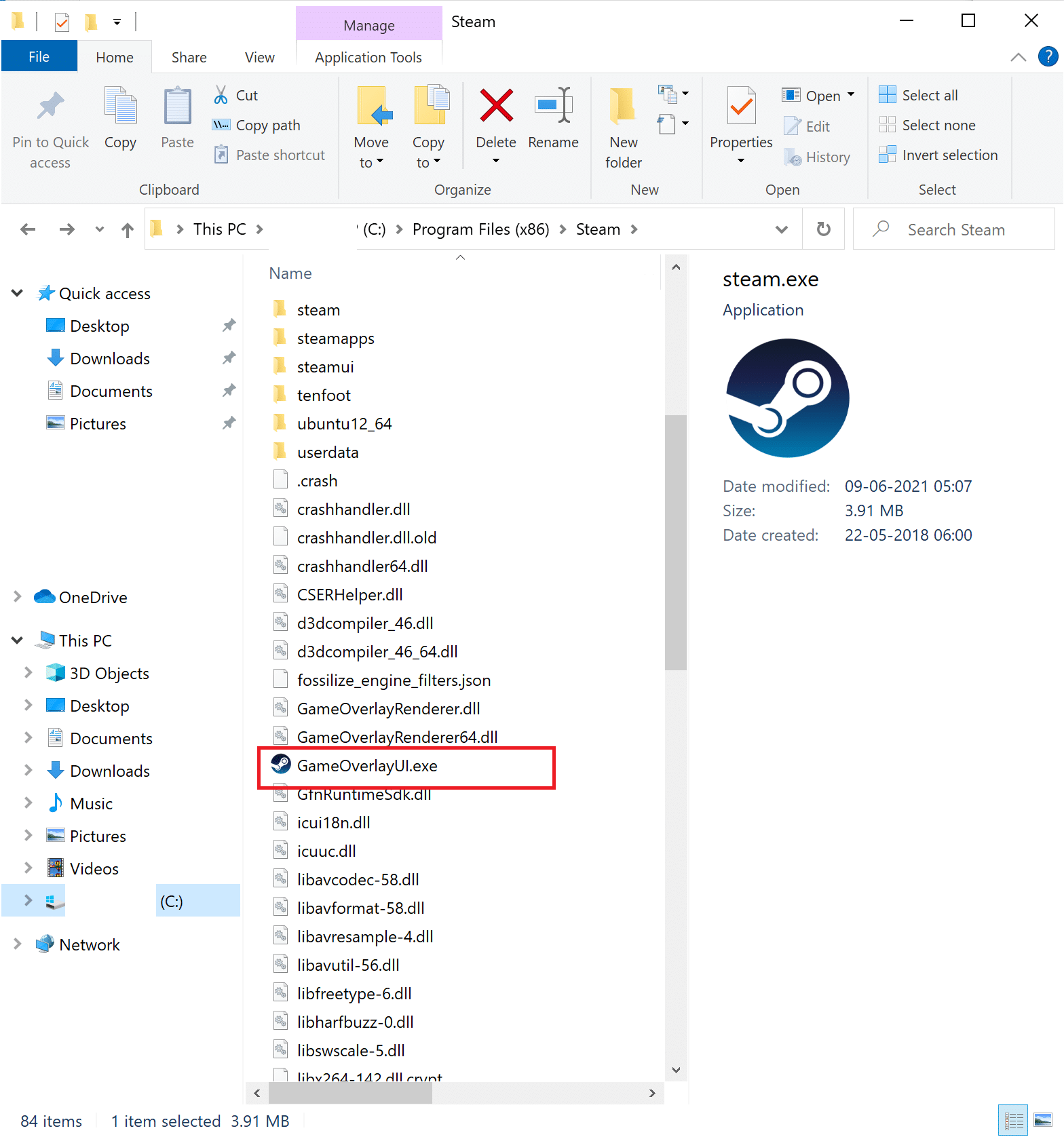 次に、Program Files（x86）で、GameOverlayUI.exeという名前のファイルを見つけます。 Steamがクラッシュし続ける問題を修正