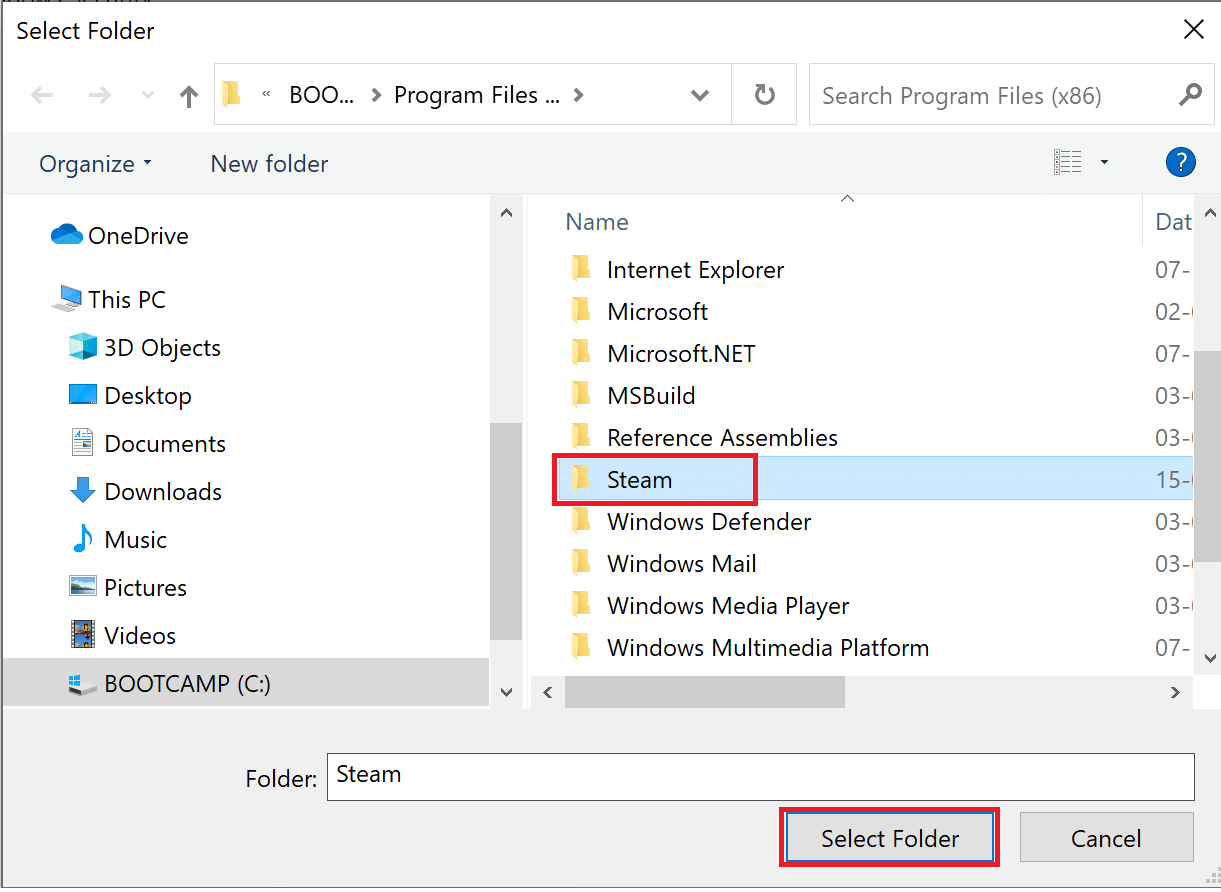 C：、Program Files（x86）、Steamの順に移動し、[フォルダーの選択]をクリックします。 Steamがクラッシュし続ける問題を修正