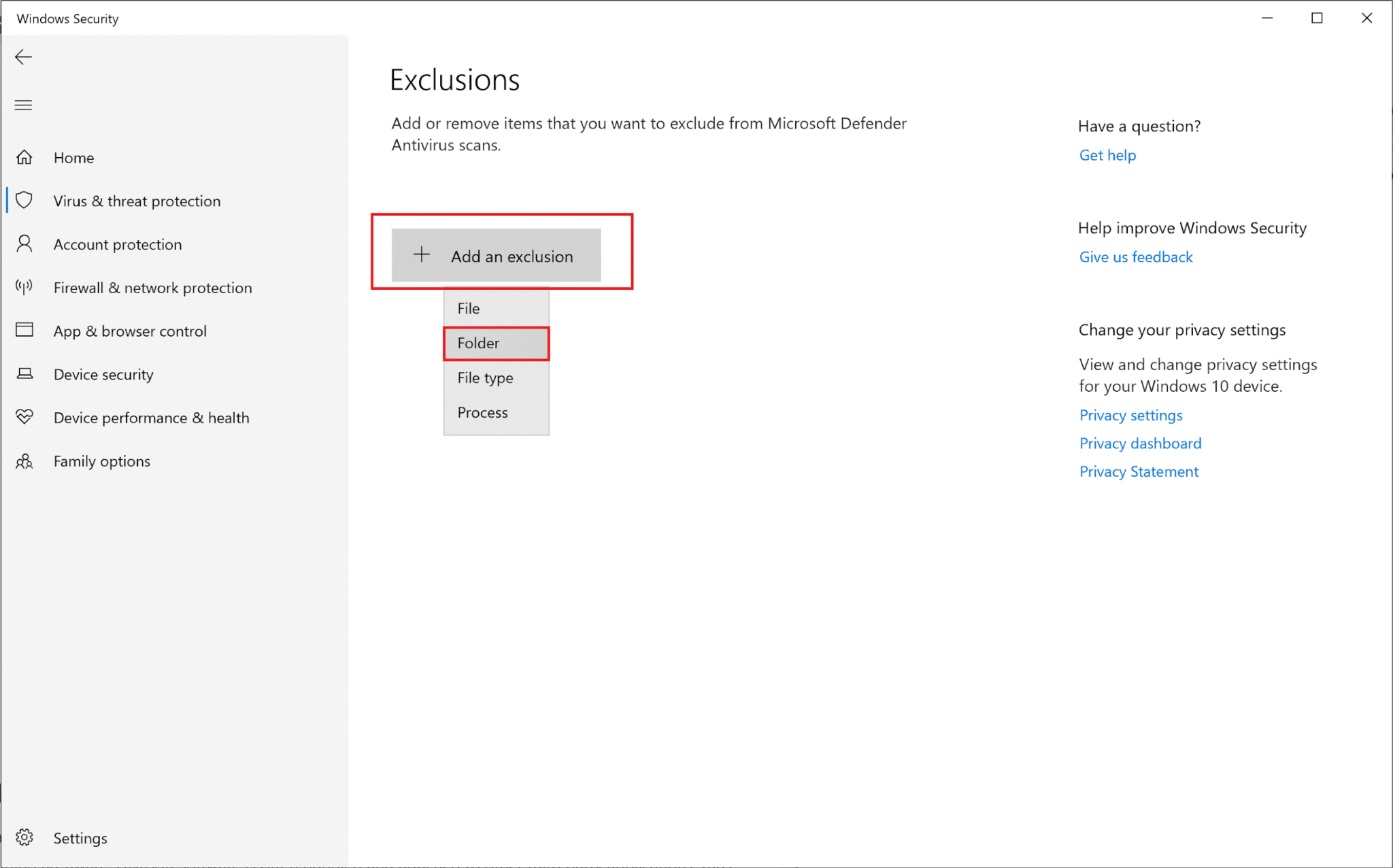 [除外]タブで、[除外を追加]をクリックし、[フォルダー]を選択します