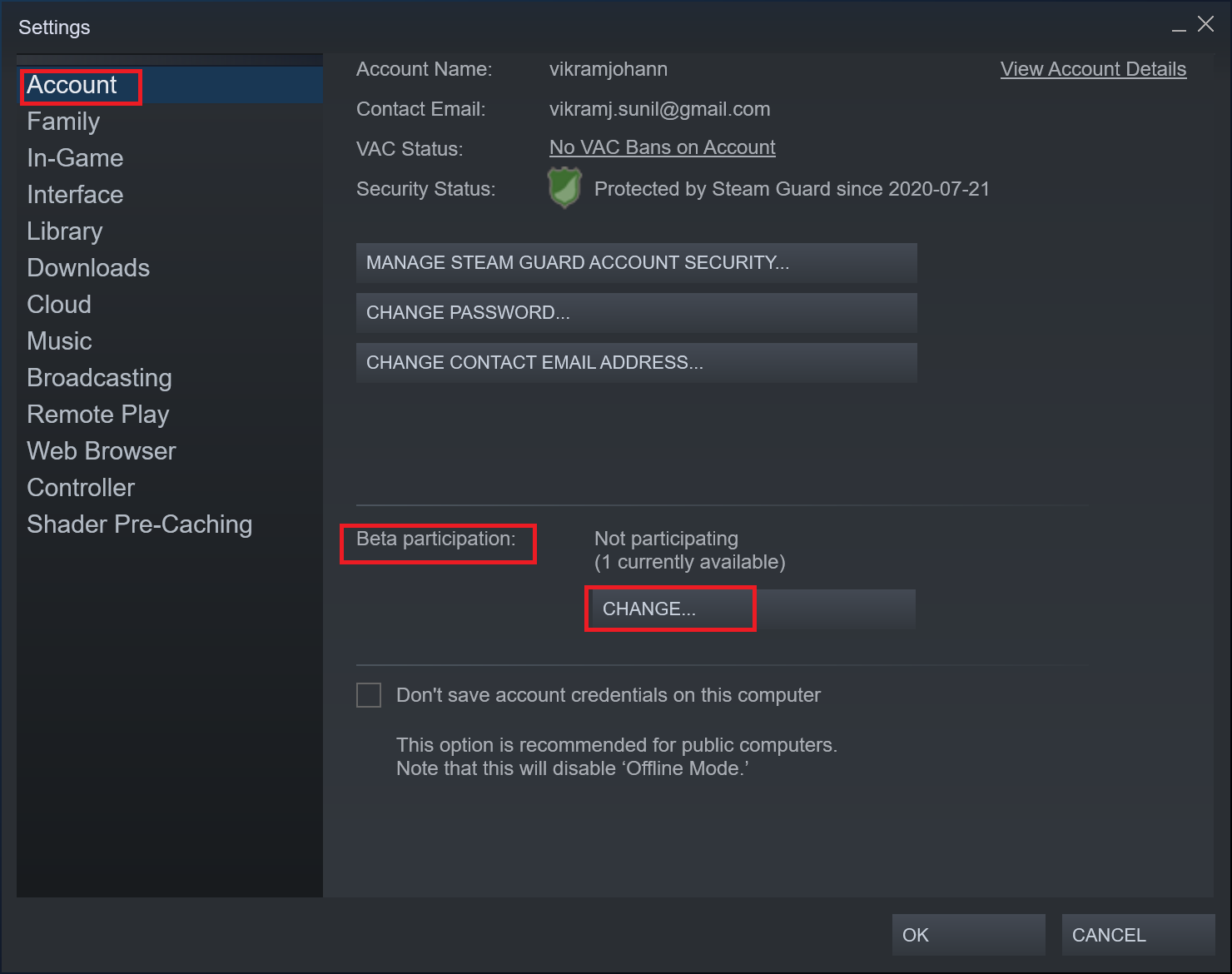 右側のペインの[ベータ版への参加]で、[変更]をクリックします