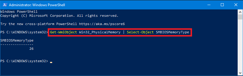 WindowsPowerShellでSMBIOSMemoryTypeコマンドを実行します