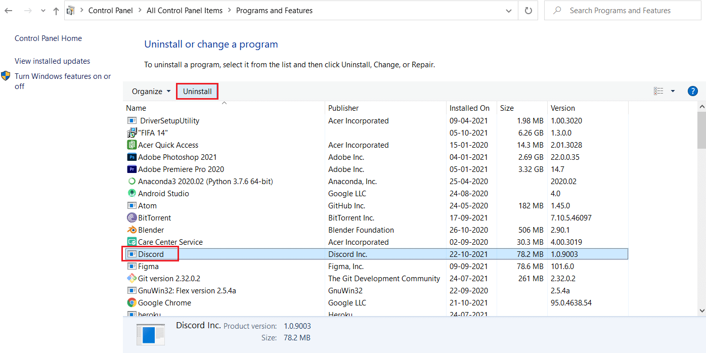 Discordを選択し、Uninstallボタンをクリックします