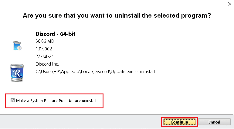 [アンインストール前にシステムの復元ポイントを作成する]オプションをオンにして、RevoUninstallerで[続行]をクリックします