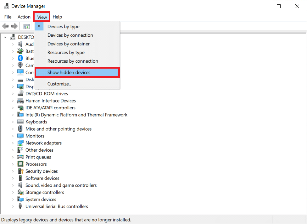 [表示]をクリックして、[非表示のデバイスを表示]を有効にします