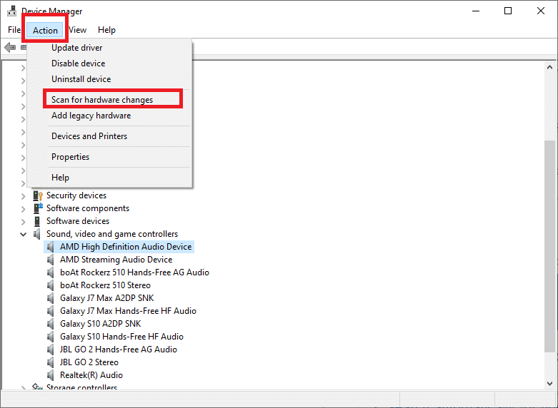 ハードウェアの変更については、アクションスキャンに移動します