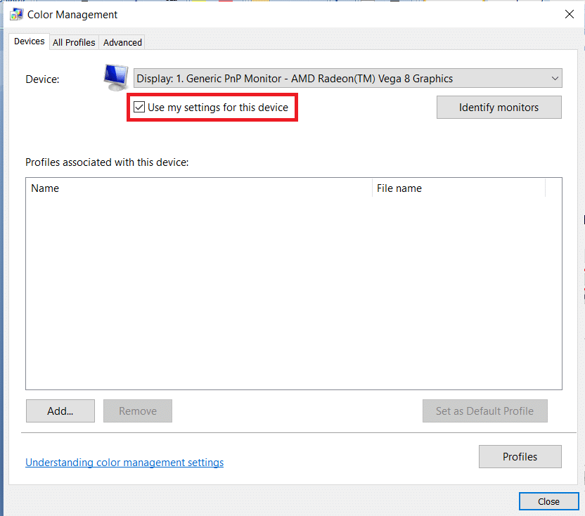 カラーマネジメントウィンドウの[デバイス]タブで、このデバイスの設定を使用するを確認してください。ラップトップで3台のモニターをセットアップする方法