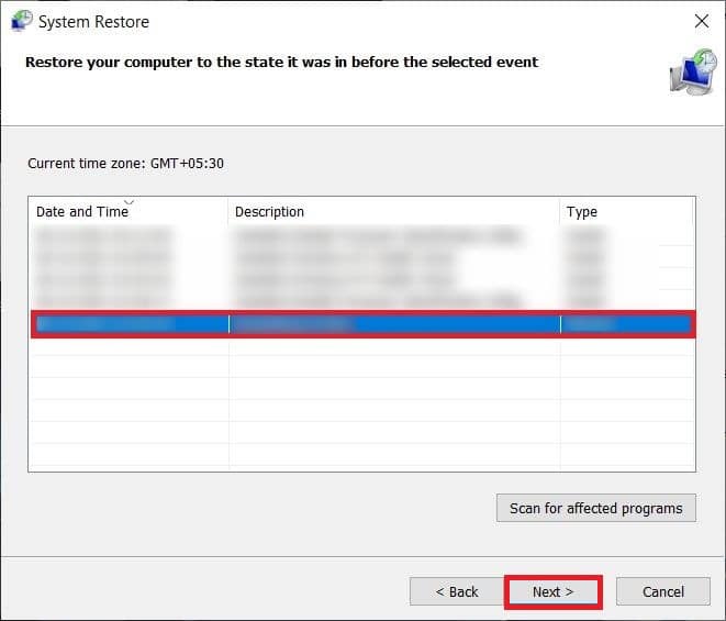 次に、リストから目的のシステムの復元ポイントを選択し、[次へ]をクリックします。準備ができていないWindowsを修正する