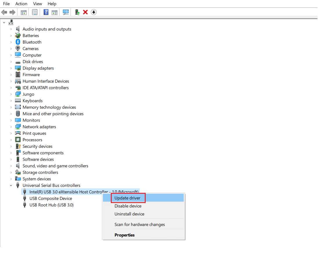 USBドライバーを右クリックし、ドライバーの更新を選択します。 Windows10で失敗した不明なUSBデバイス記述子要求の修正