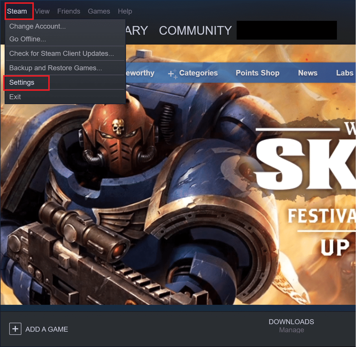 ウィンドウの左上隅から、Steam、[設定]の順に移動します