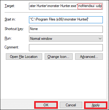 [ショートカット]タブに切り替えて、[ターゲット]フィールドに接尾辞として用語を含めます。写真を参照してください。 MHWエラーコード50382-MW1を修正