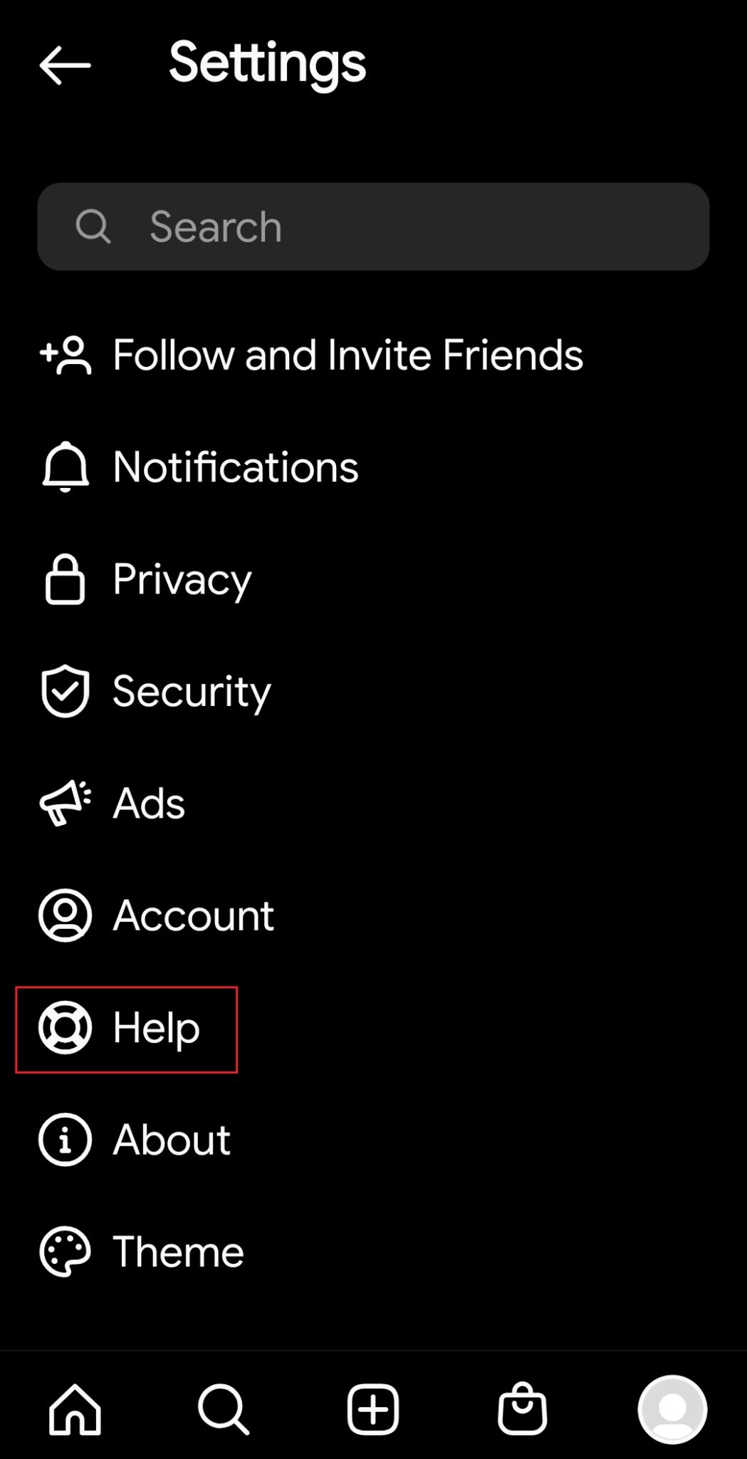 Instagramの設定に移動し、ヘルプをタップします。 Instagramの疑わしいログイン試行を修正