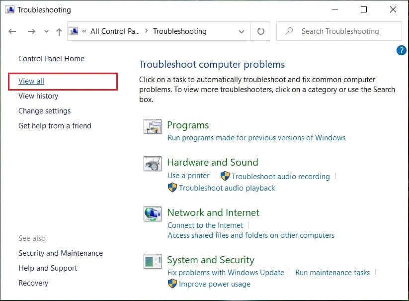 Cliquez sur Afficher tout dans le volet de gauche | Correction de la mise à jour Windows bloquée ou gelée