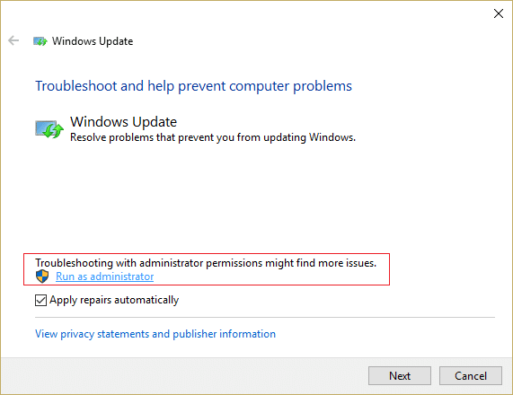 assurez-vous de cliquer sur Exécuter en tant qu'administrateur dans l'outil de dépannage de Windows Update