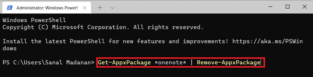 Perintah Windows PowerShell untuk menghapus aplikasi satu catatan