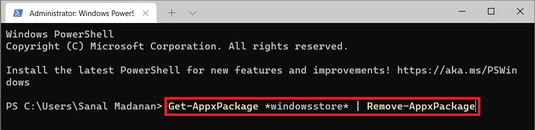 Perintah Windows PowerShell untuk menghapus windowsstore