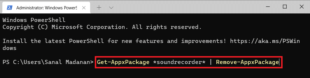 Perintah Windows PowerShell untuk menghapus perekam suara