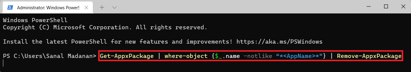 perintah untuk menghapus aplikasi tetapi menyimpan satu aplikasi di Windows PowerShell. Cara Debloat Windows 11