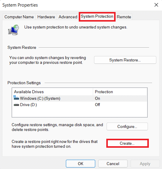 Tab System Protection di jendela System Properties.
