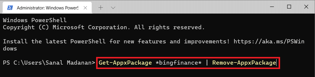 Perintah Windows PowerShell untuk menghapus aplikasi bingfinance