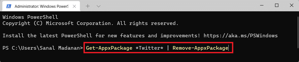 Perintah Windows PowerShell untuk menemukan semua aplikasi yang berisi twitter dalam nama paketnya dan menghapusnya. Cara debloat Windows 11
